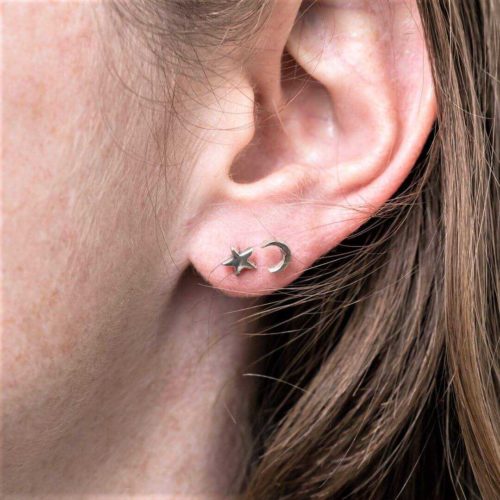 עגילים צמודים ירח וכוכב מכסף אמיתי 925