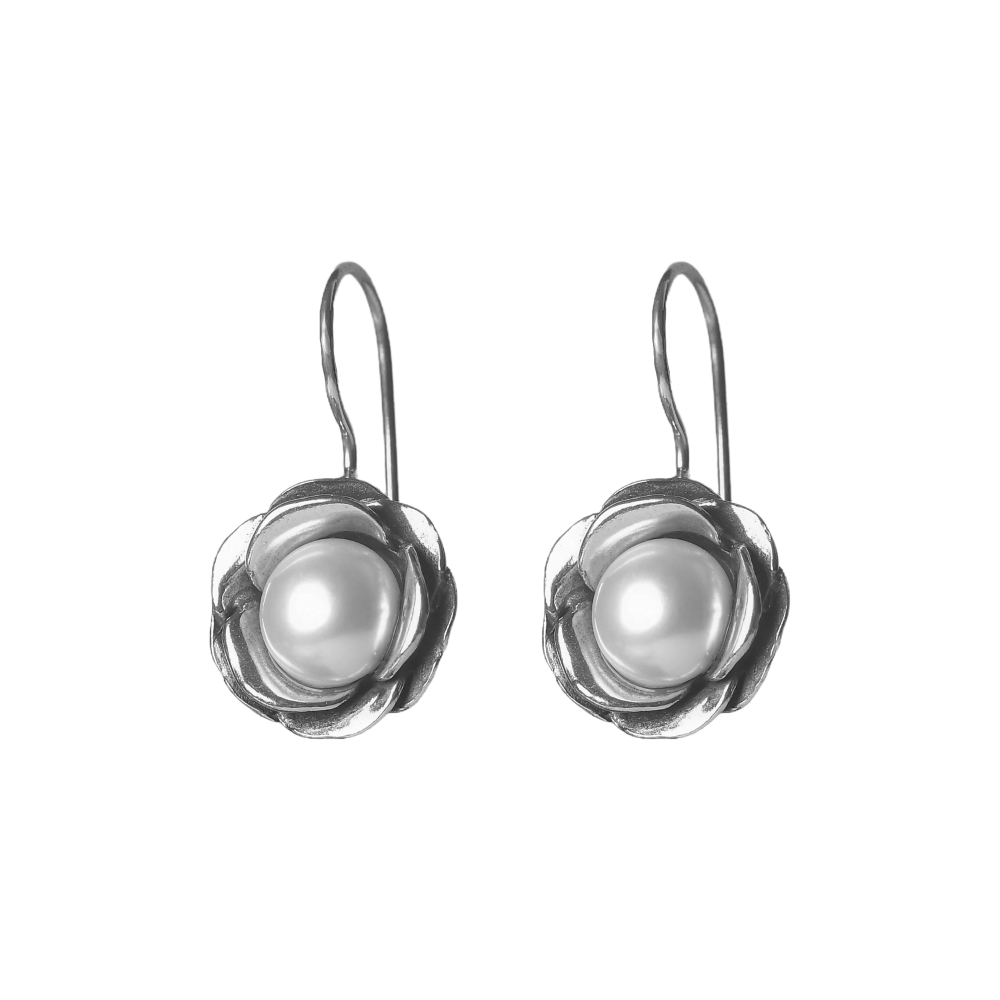 ⁦סט מכסף אמיתי 925 שרשרת "אנטונלה" בשילוב עגילי "פיונה" בעיטור פרח ופנינה⁩ – תמונה ⁦4⁩