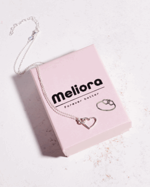 סט שרשרת תליון לב עם טבעת לבבות מכסף אמיתי 925