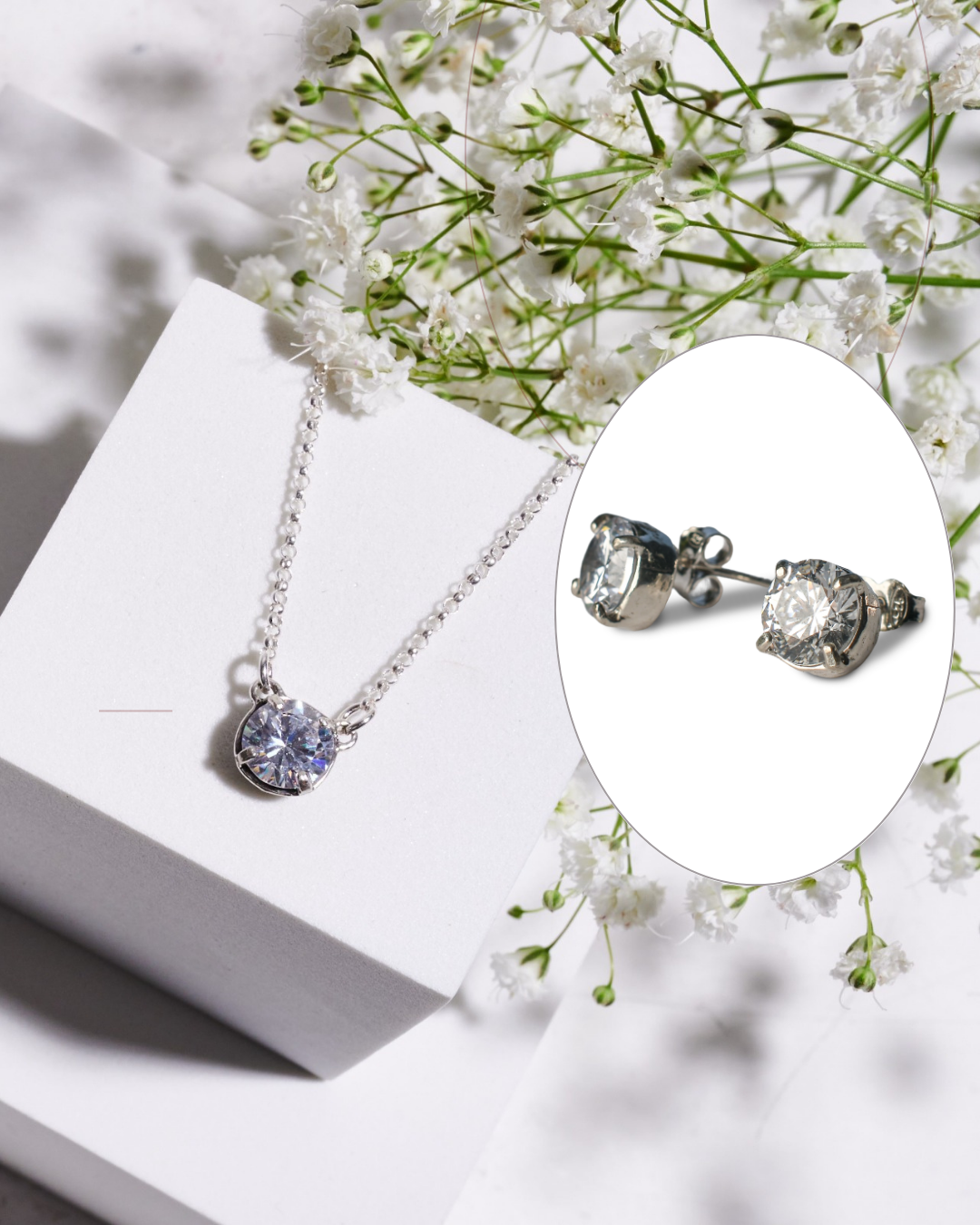 סט שרשרת זירקון ועגילי זירקון צמוד'ים מכסף אמיתי 925