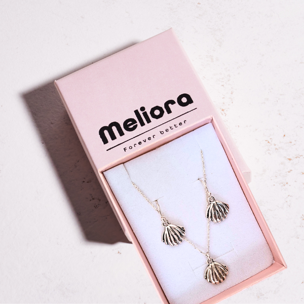 סט שרשרת ועגילים מכסף אמיתי 925 בצורת צדפה